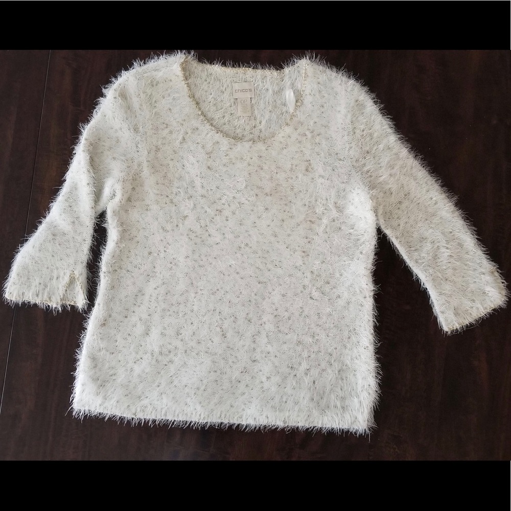 Chico’s Fuzzy Eyelash Sweater Gold and White